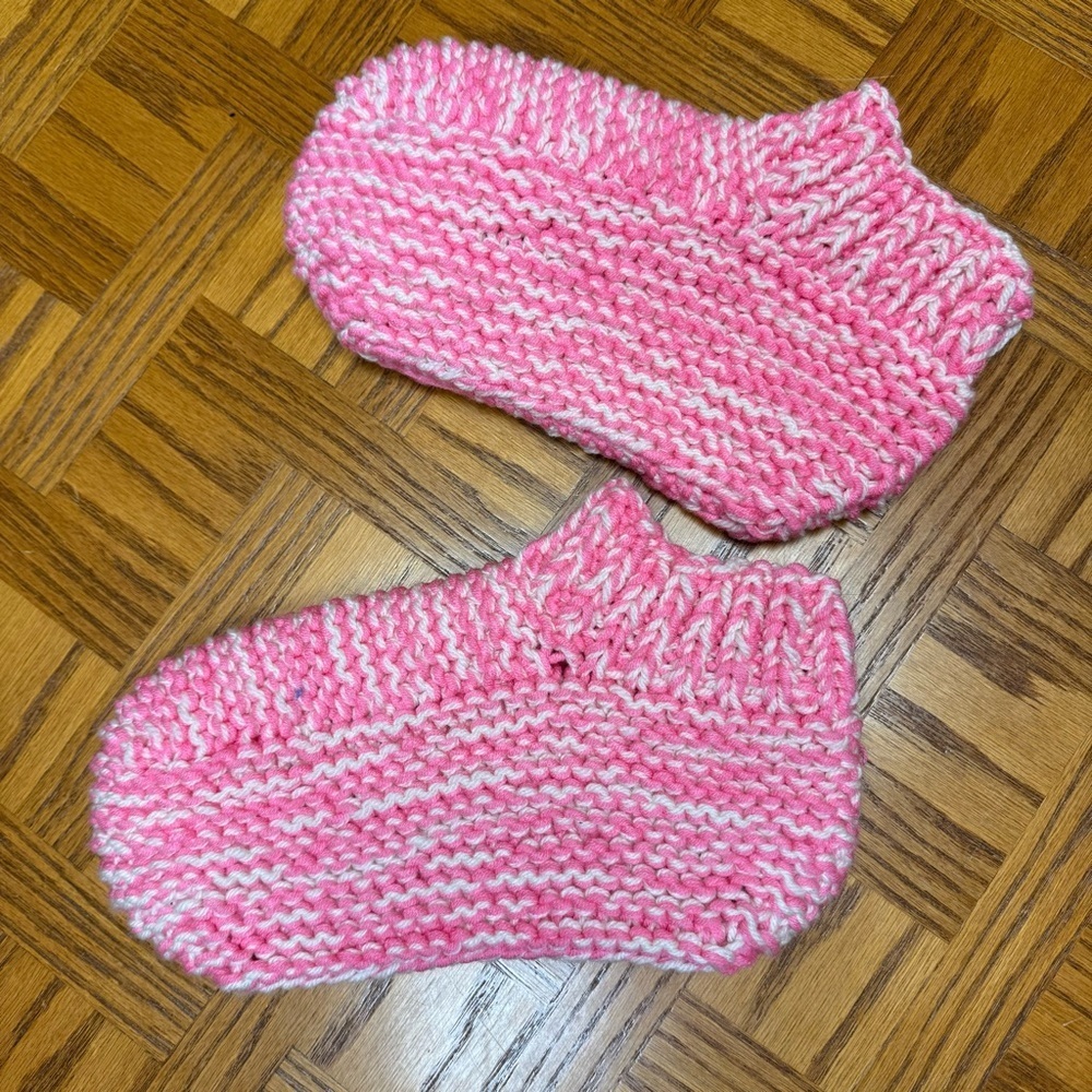 Handmade Knit Slippers Pink & White | Women’s 9–10 | Cozy Cottage Knitted Socks